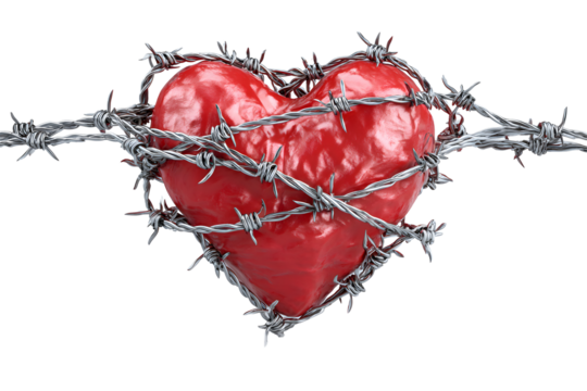 Human heart surrounded by barbed wire on an transparent background for designers, marketers and IT. Popular abstraction, background, illustration, object, symbol, texture, human body, health.