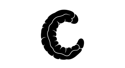 Black and white illustration of a stylized letter C resembling an intestine or a worm on a plain white background.