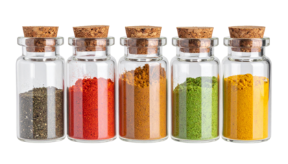 Spice Filled Glass Jars with Corks Isolated on Transparent Backdrop for Design