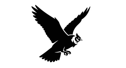 Black and white silhouette of an owl in flight captured against a plain background showcasing its powerful wingspan and sharp talons.