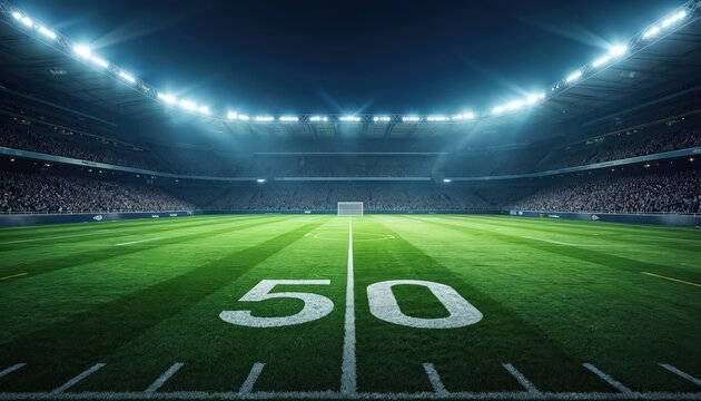 Night football stadium illuminated field green grass with numbered 50 yard line. Vast empty arena awaits game. Spectators fill tiered seats in background.