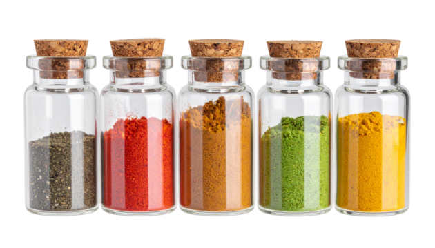 Spice Filled Glass Jars with Corks Isolated on Transparent Backdrop for Design