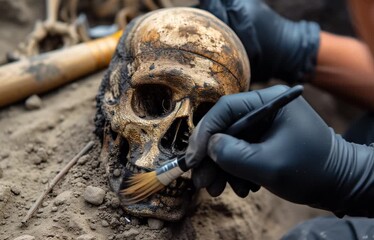 Archaeologist carefully cleaning ancient human skull at excavation site. Video.