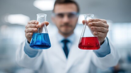 Scientist wearing safety goggles and lab coat holds two flasks with vibrant blue and red chemical reagents during an important chemistry experiment in a modern laboratory.