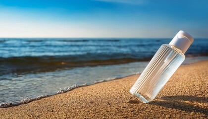 a transparent bottle with a cosmetic product lies on the sand next to sea water and the coastline