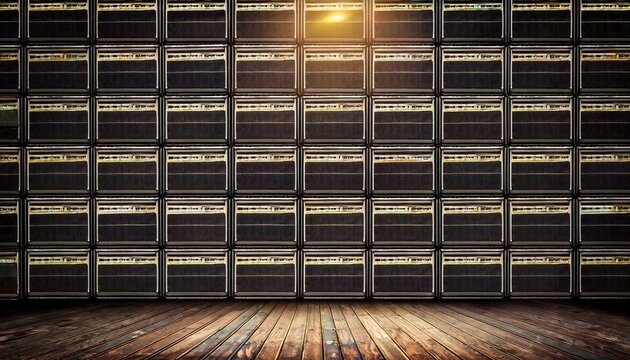 wall of guitar amps stacked on the stage