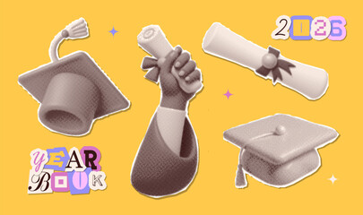 Trendy halftone collage stickers set with hands holding diploma, graduation cap, rolled paper with ribbon and torn out paper lettering. Happy graduation day elements . Modern retro style. Vector .