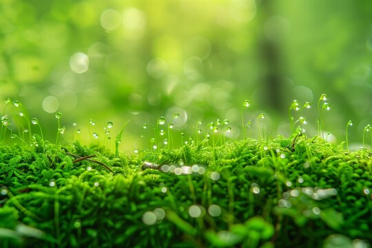 Fresh morning dew on moss, detailed macro natural background, serene and calm aesthetic. - Powered by Adobe