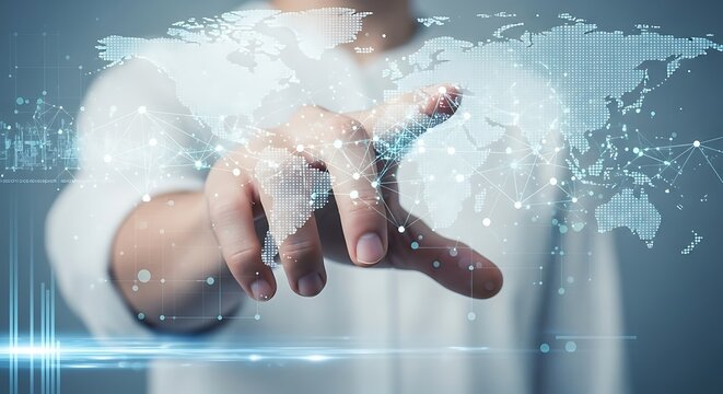 Global Connectivity and Technology Interface A Man Navigating the Digital World Map System