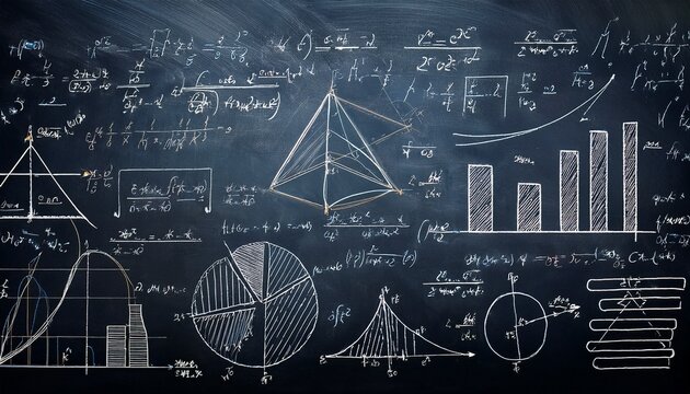 mathematical formulas and diagrams on blackboard background for educational purposes