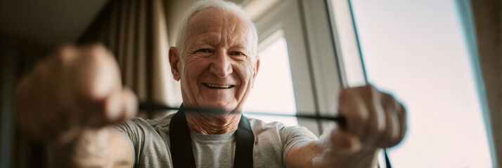 Senior Man Exercising Indoors With Resistance Band, Smiling and Enjoying Fitness Routine in Bright Natural Light