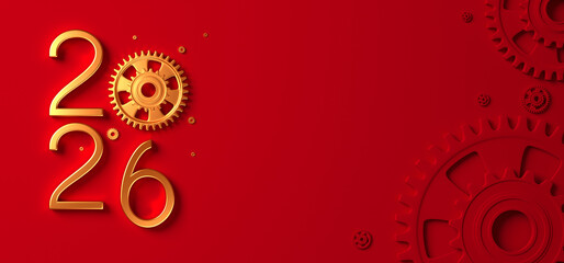 Creative 2026 New Year design template with cogwheels. 3D render illustration on a construction, engineering and maintenance theme.