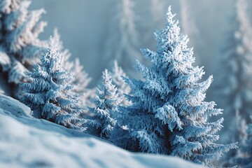 Obraz premium Frosted pine trees stand majestically in a snowy forest scene, capturing the serene beauty of winter on a clear morning just after sunrise