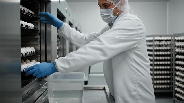 Close medium view of hatchery staff suited in protective coat and gloves demonstrating biosecurity measures during egg incubation.