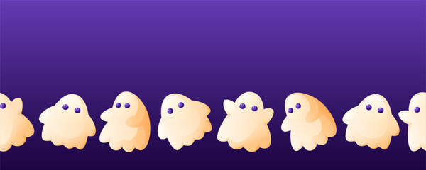Seamless border of Halloween ghosts on a dark background. Ghost shaped treats, ghosts in various positions. Festival poster, banner template.