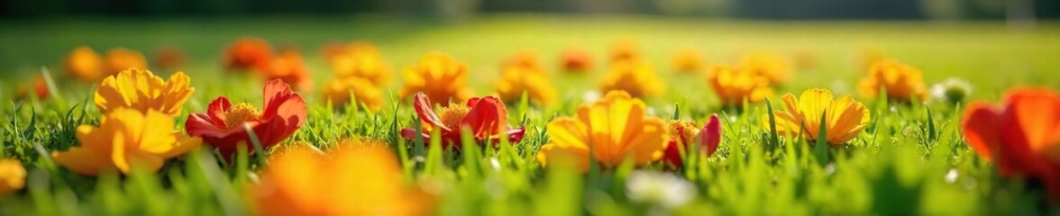 Sun-Drenched Garden Close-Up of Vibrant Fallen Flower Petals on Lush Green Grass. Delicate textures and rich colors beautifully showcase this peaceful natural scene.