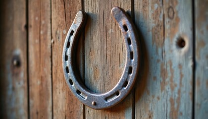 Rustic horseshoe hangs on weathered barn wood door. This metal object symbolizes good fortune, luck and rural farm life. Object details sharp.