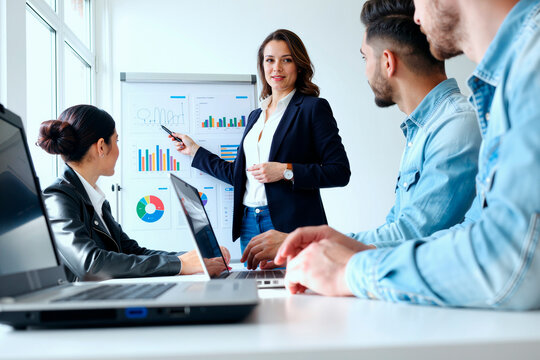 Caucasian young adult woman presenting charts on flipchart to diverse group of young adult colleagues sitting at table, discussing business data and analyzing graphs during meeting
