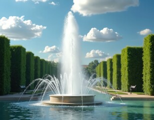 Water fountain sprays in manicured garden park with tall green hedges and blue sky. Calm water reflects clouds and jets, creating serene atmosphere for relaxation.