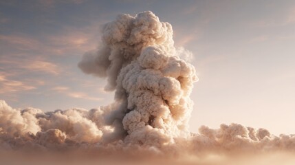 A large cloud of dust and smoke rises into the evening sky reflecting hues of orange and pink as the sun sets in the background creating a stunning visual display.