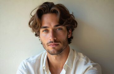 Obraz premium Young man with wavy brown hair and light stubble poses with a neutral expression. He wears a simple white shirt and looks directly at the camera.
