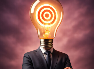 Innovation Breakthrough Businessman Replaces Head with Glowing Light Bulb Target, Success and Creative Idea Concept