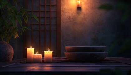 Three lit candles and two stacked stone bowls are arranged on a dark wooden table in a dimly lit room with a shoji screen and bamboo plants nearby.