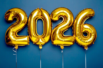 Goldene Luftballons in der Jahreszahl 2026 vor blauem Hintergrund 