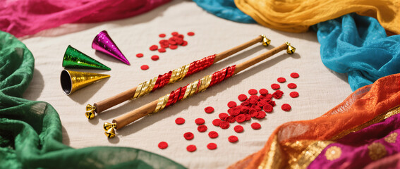 Obraz premium Diwali Flatlay Advertisement Plain Cloth Dandiya Sticks Ribbons Bells Red Bindis Mehndi Cones Colorful Dupattas Bright Lively Lighting Festive Spirit Cultural Vibrancy