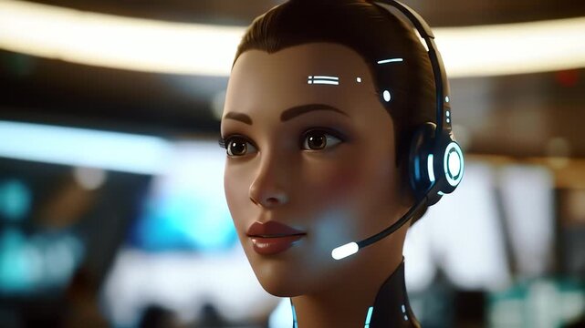 A futuristic female android operator with a glowing headset working in a high-tech customer service center.