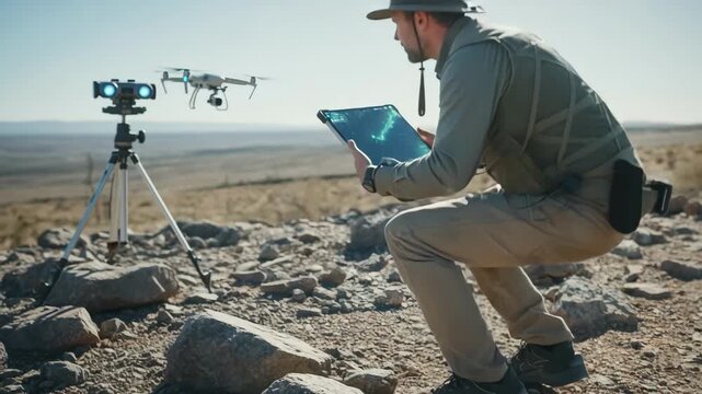 Medium shot of a geologist using a digital tablet to analyze 3D ore mapping data with satellite imagery overlays in a hightech field survey.