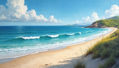 Obraz premium Turquoise ocean waves crash on sandy beach. Lush green hills rise behind coast. Clear blue sky with fluffy white clouds above bright sunny seascape.