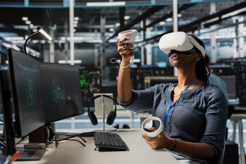 Data center worker wearing VR equipment using artificial intelligence neural networks technology. Server farm admin using virtual reality headset and AI programming language to configure hardware