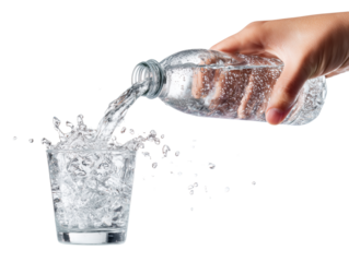 Hand pouring water from glass bottle into glass