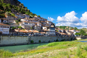 Historical Ottoman Houses in neighborhoods Gorica and Mangalem in Berat, with bridges over river Osum, Albania.