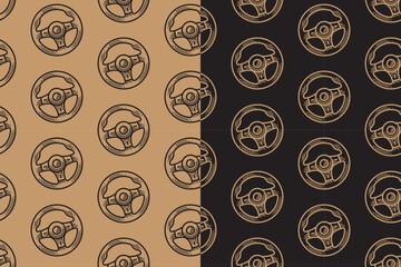 Car steering wheel, driving wheel engraving pattern on tan black background set for automotive merchandise. Auto vehicle steering hand drawn doodle isolated motif background pack. Vector illustration