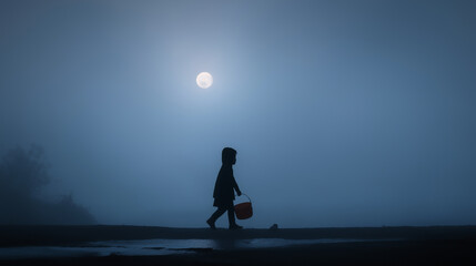 Silhouette of a child holding a pumpkin bucket walking through fog under the pale moonlight