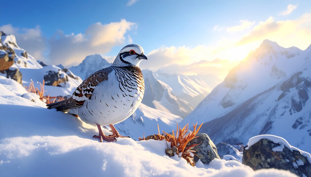 Snow partridge camouflaged on rocky Himalayan slope, soft cold light, wide shot.
