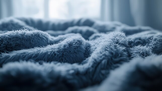 Soft blue blanket draped on a cozy bed by a window in the morning light