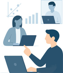 Fototapeta premium Diverse team collaborates online with laptops and charts showing business growth