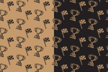 Trophy and racing flag engraving pattern on tan black background set for racing sport merchandise. Award cup and checkered flag hand drawn doodle isolated motif background pack. Vector illustration