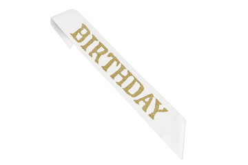 White birthday sash with golden glitter text