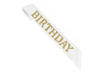 White birthday sash with golden glitter text