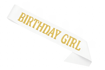 White satin birthday girl sash with gold glitter text