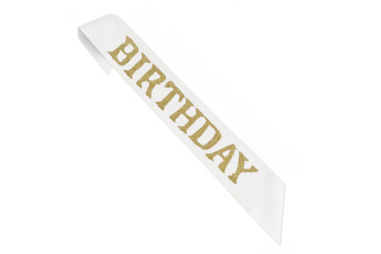 White birthday sash with golden glitter text
