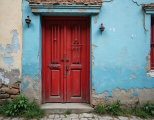 Vibrant red double doors stand on a weathered blue wall. Old house exterior shows crumbling plaster and stone details. Green plants grow near the entrance and cobblestone path.