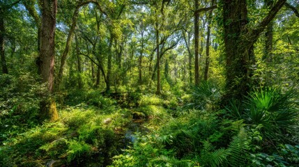 A dense forest showcases towering trees and lush ferns bathed in bright sunlight. A small stream flows gently through the undergrowth creating a peaceful atmosphere.