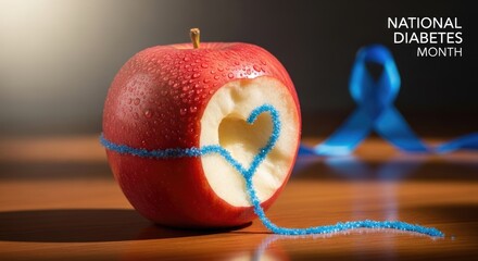 Bright red apple with fresh water drops, a carved blue sugar heart, and a blue ribbon for National Diabetes Month awareness. This symbolizes healthy living and sugar control.