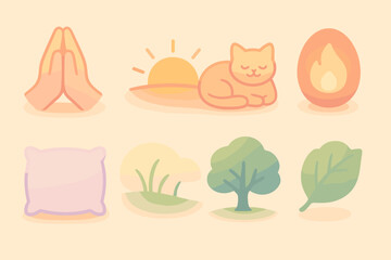Serene Icon Set. Tender Calm set of icons in gradient flat folded hands, sunrise horizon, relaxed cat, glowing ember, soft pillow, quiet meadow, shaded tree, floating leaf