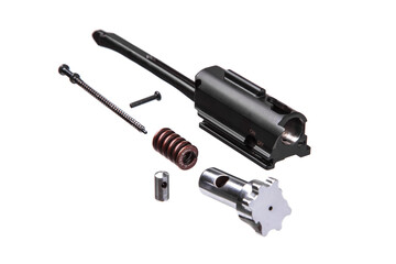 Disassembled bolt carrier group of a firearm, showing various components